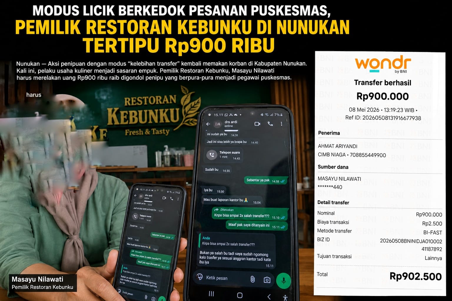 Modus Licik Berkedok Pesanan Puskesmas,Pemilik Restoran Kebunku di Nunukan Tertipu Rp900 Ribu